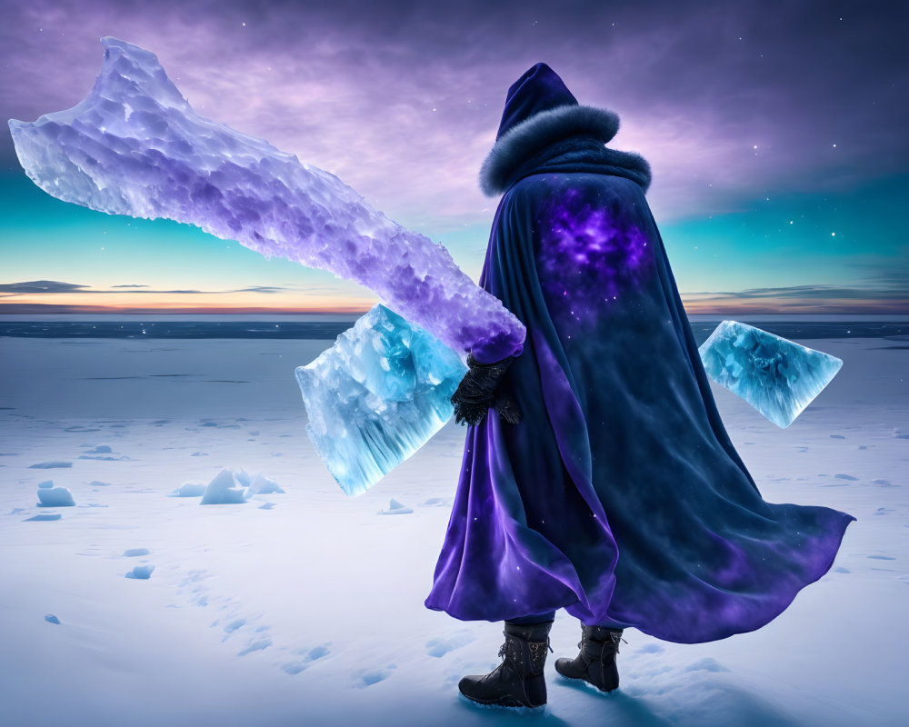 Cloaked figure with glowing purple ice crystal staff on frozen twilight landscape