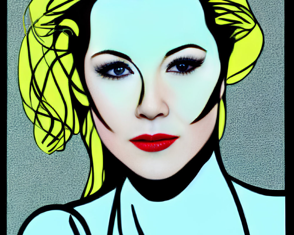 Stylized portrait of a woman with bright yellow hair and striking eye makeup