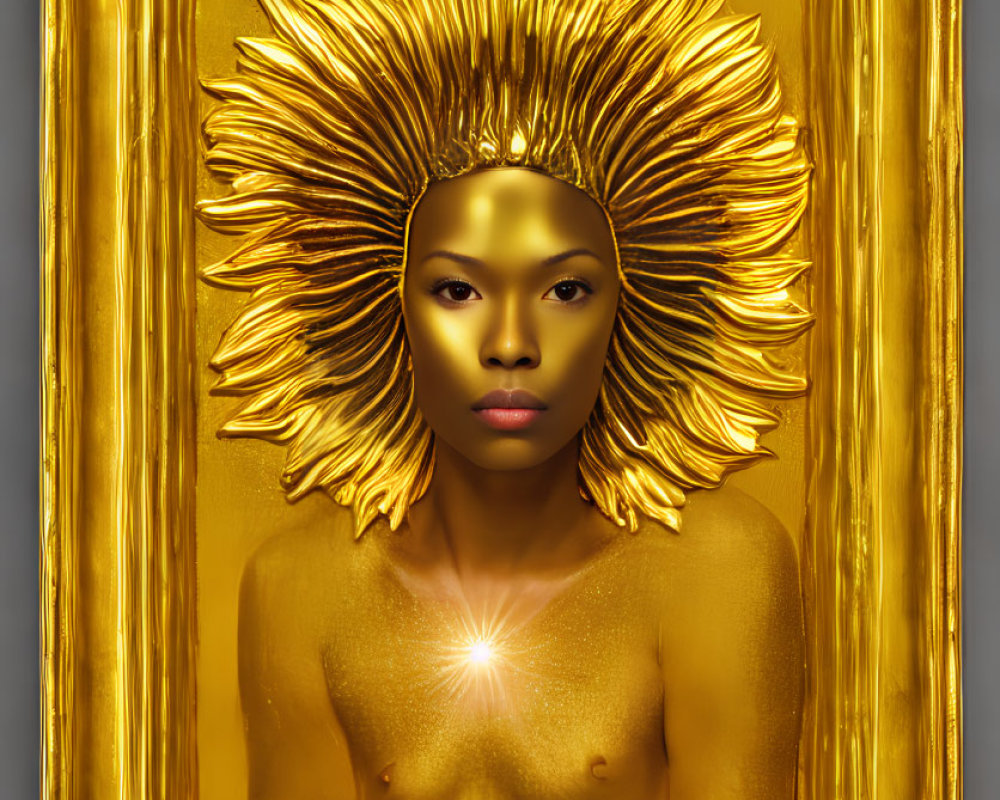 Golden Portrait Featuring Figure with Sun-like Headgear and Glowing Chest Light