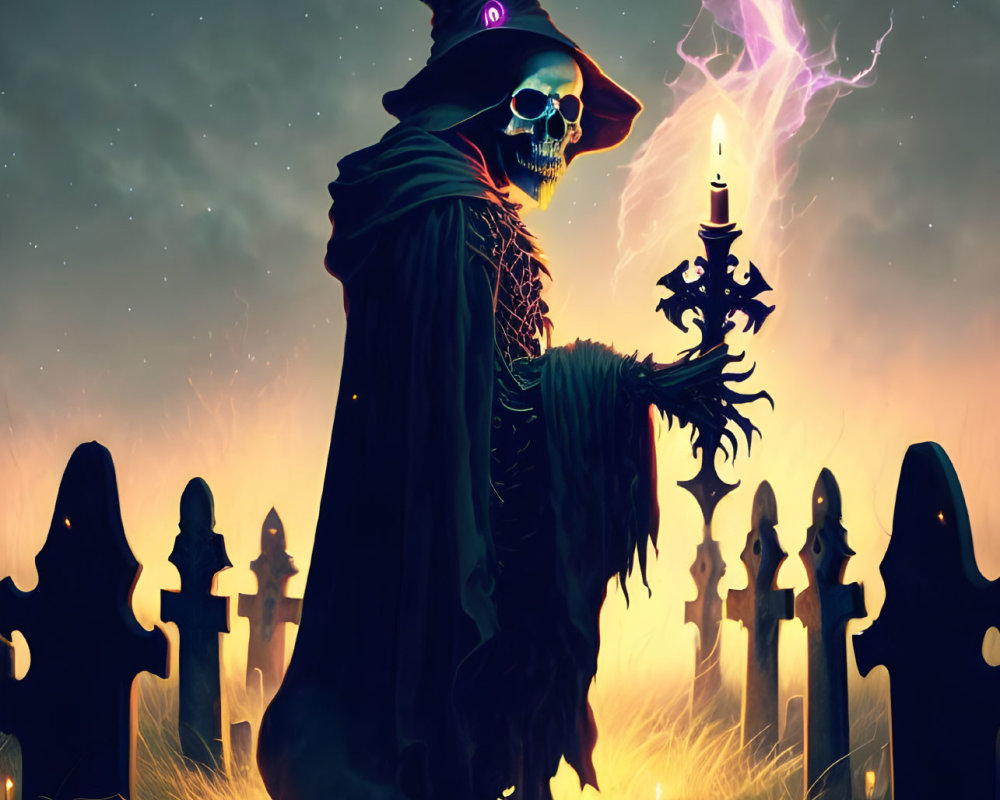 Skeleton in Wizard's Robe with Candelabra in Graveyard Storm