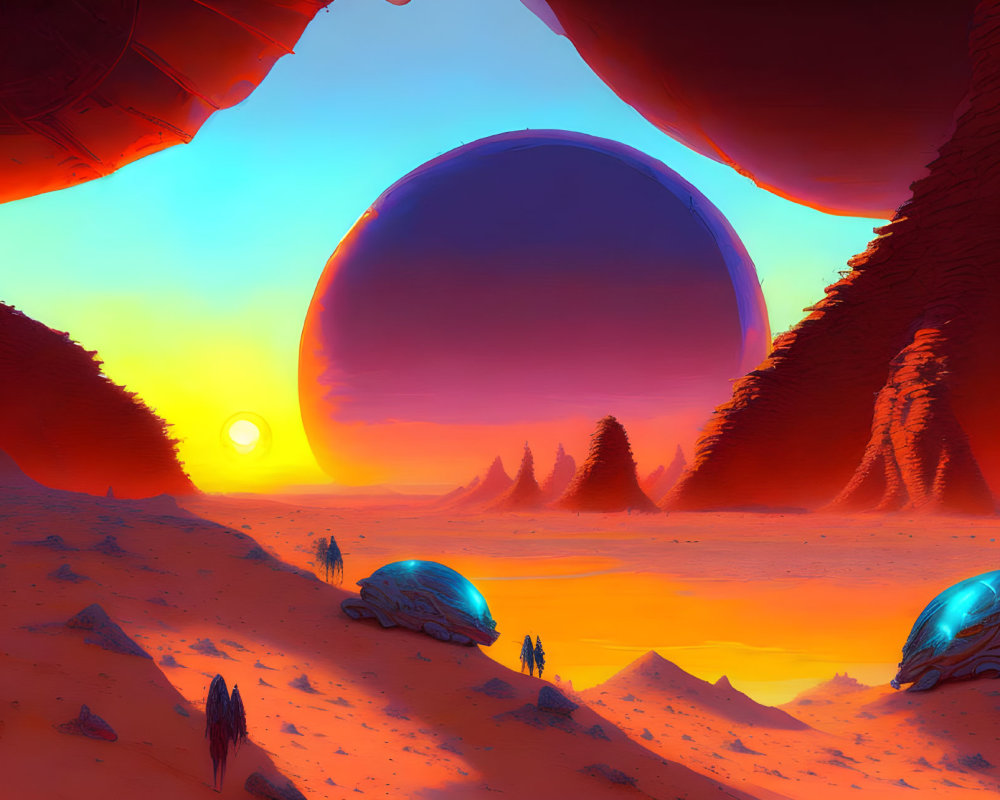 Futuristic sci-fi landscape with red cliffs, alien moon, and radiant sunset