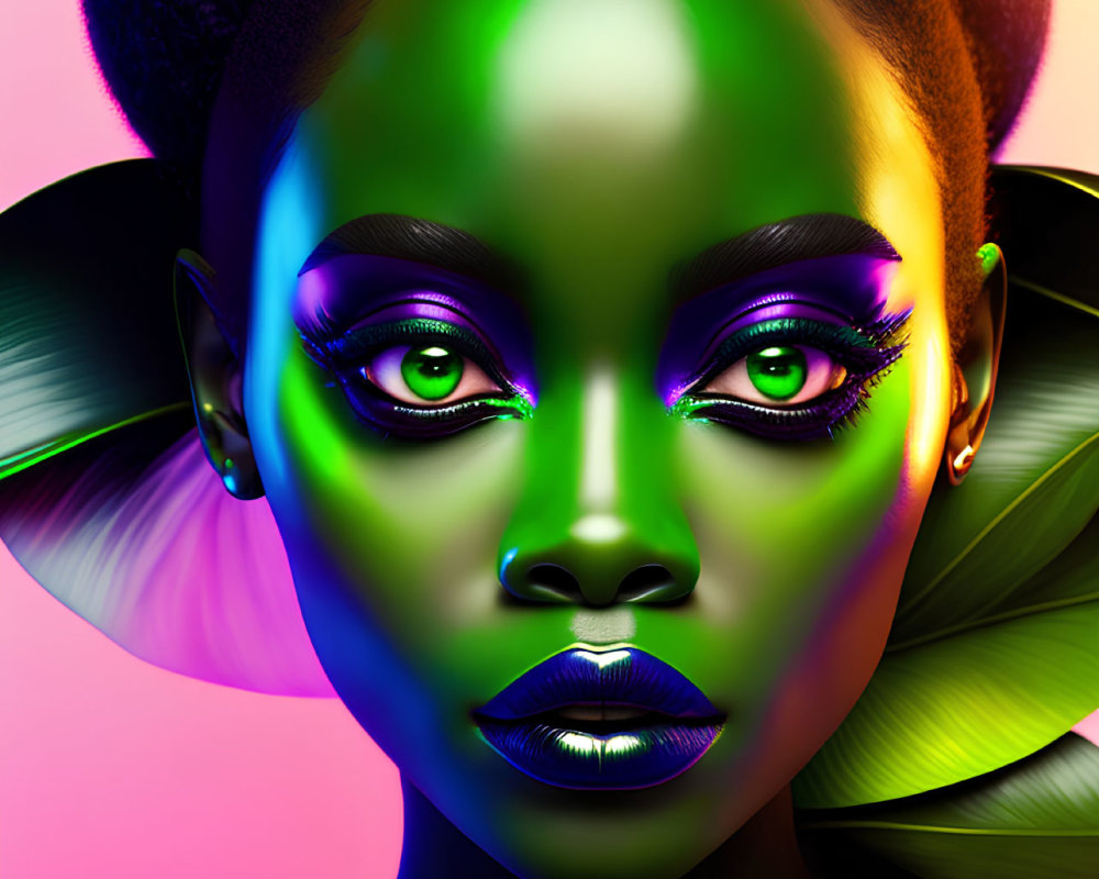 Colorful digital portrait of woman with green skin and purple lips on pink and yellow backdrop