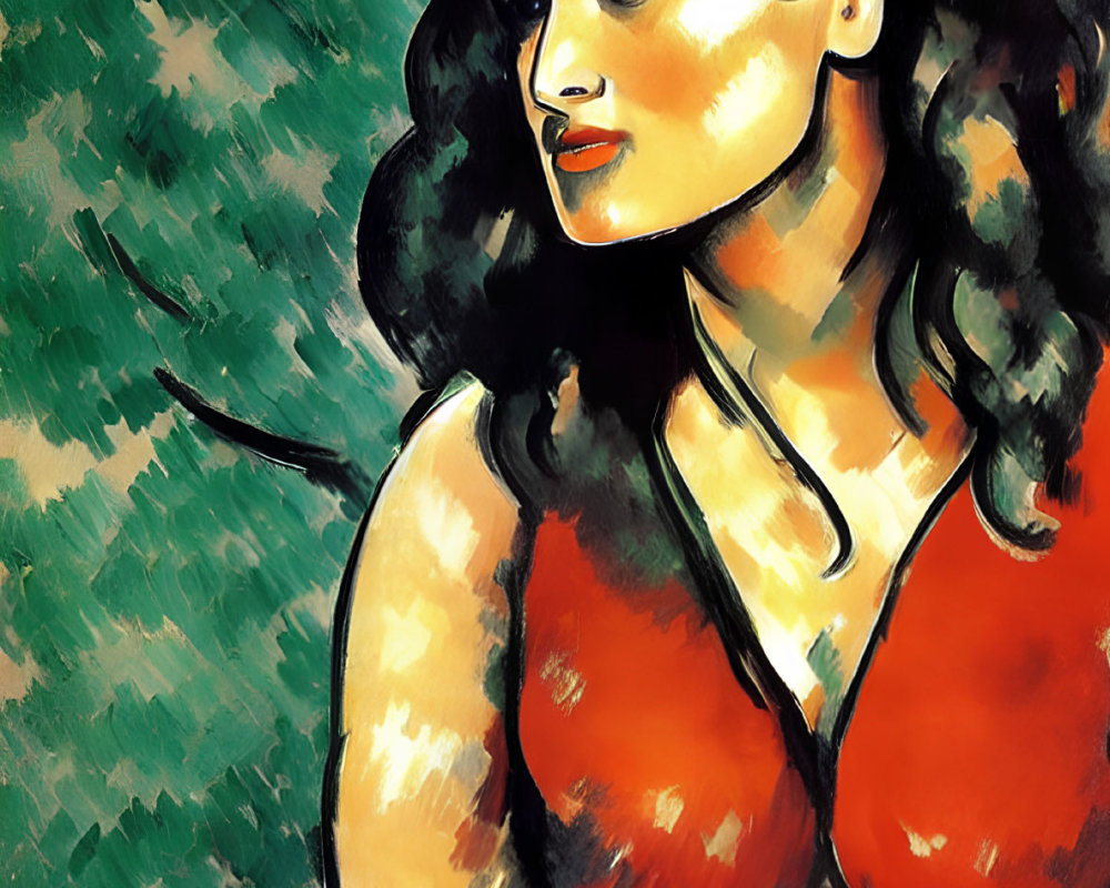 Colorful Woman Portrait in Expressionist Style with Black Hair and Red Top