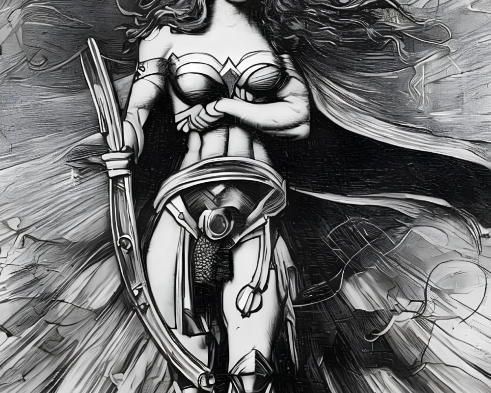 Monochromatic female superhero with tiara, sword, shield, and flowing cape