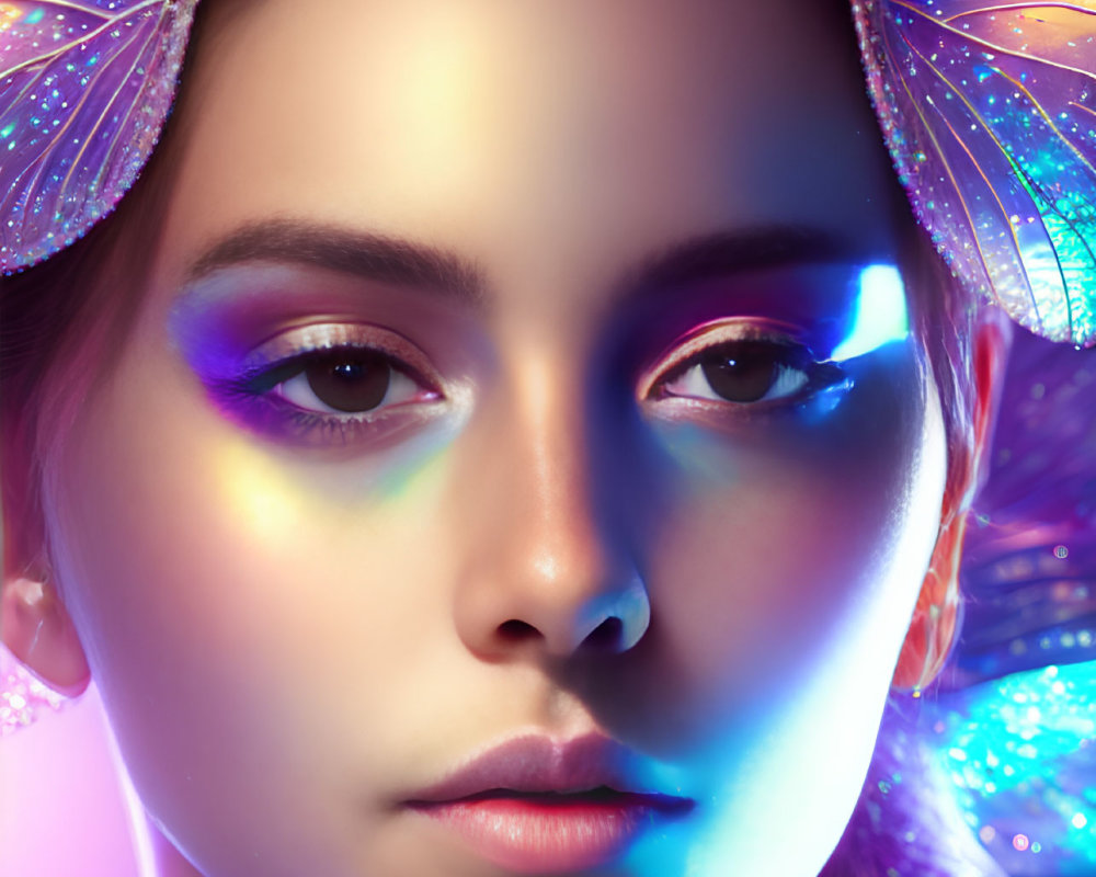 Colorful Glowing Makeup and Fan Accessories Portrait