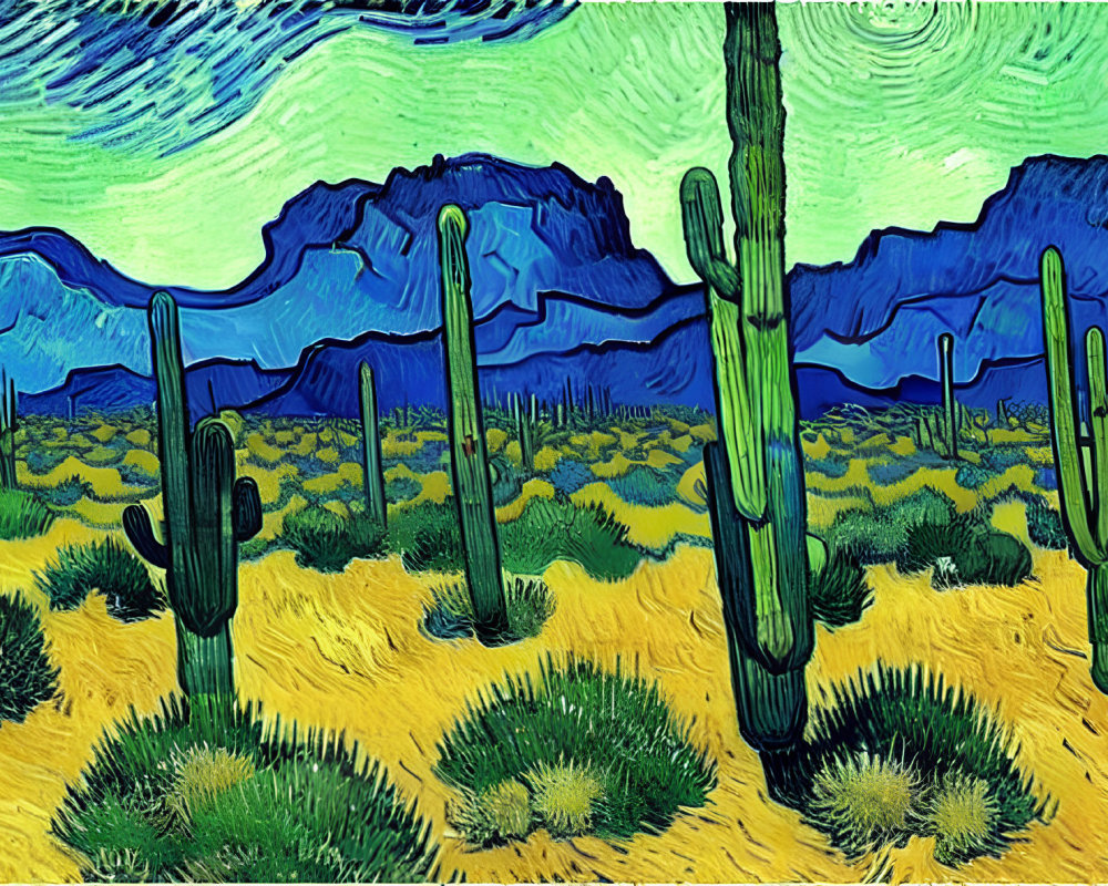 Colorful desert painting with cacti, swirling sky, and blue mountains