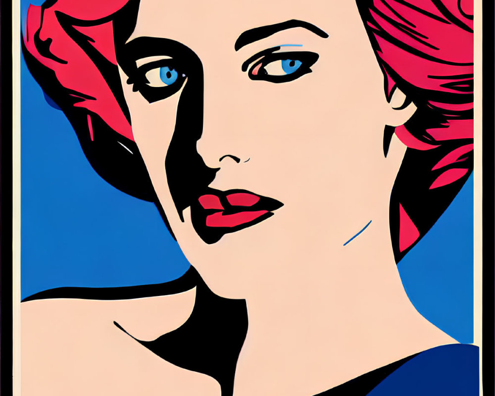 Vibrant pop art portrait: woman with red hair, blue background, high contrast, bold outlines