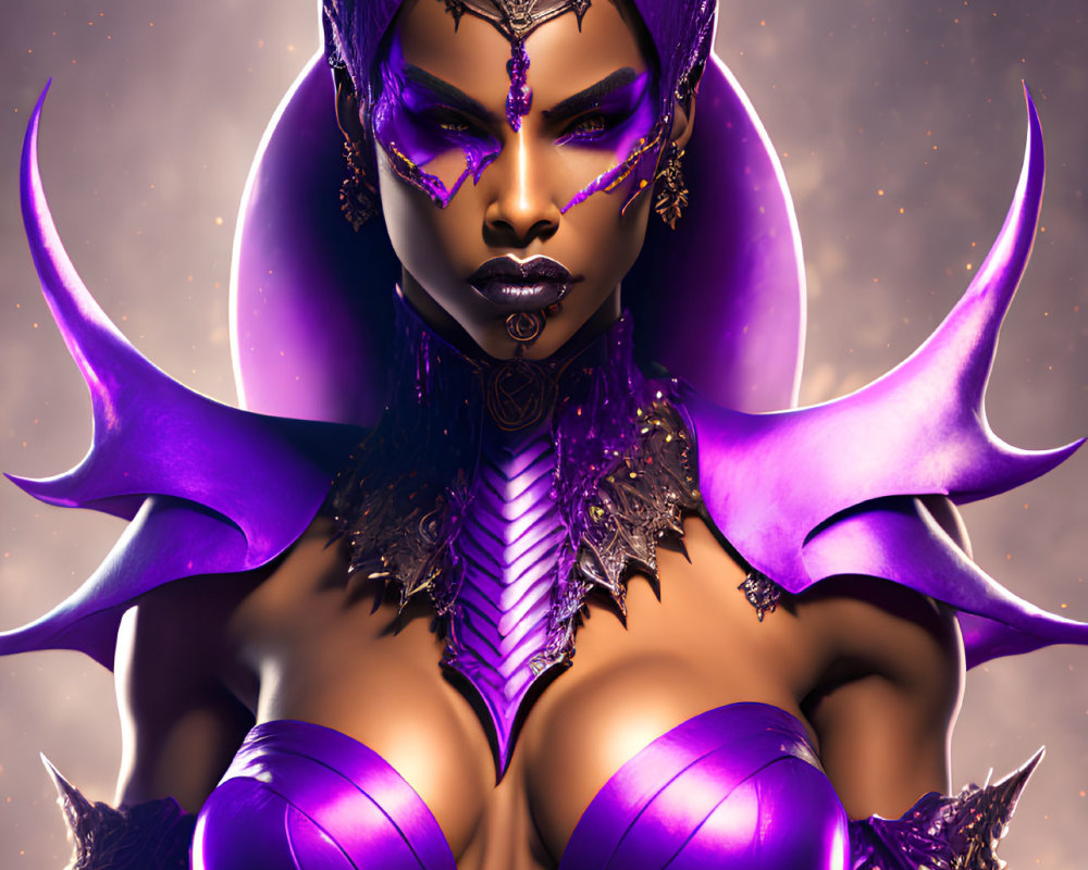 Female character in purple fantasy armor on starry backdrop