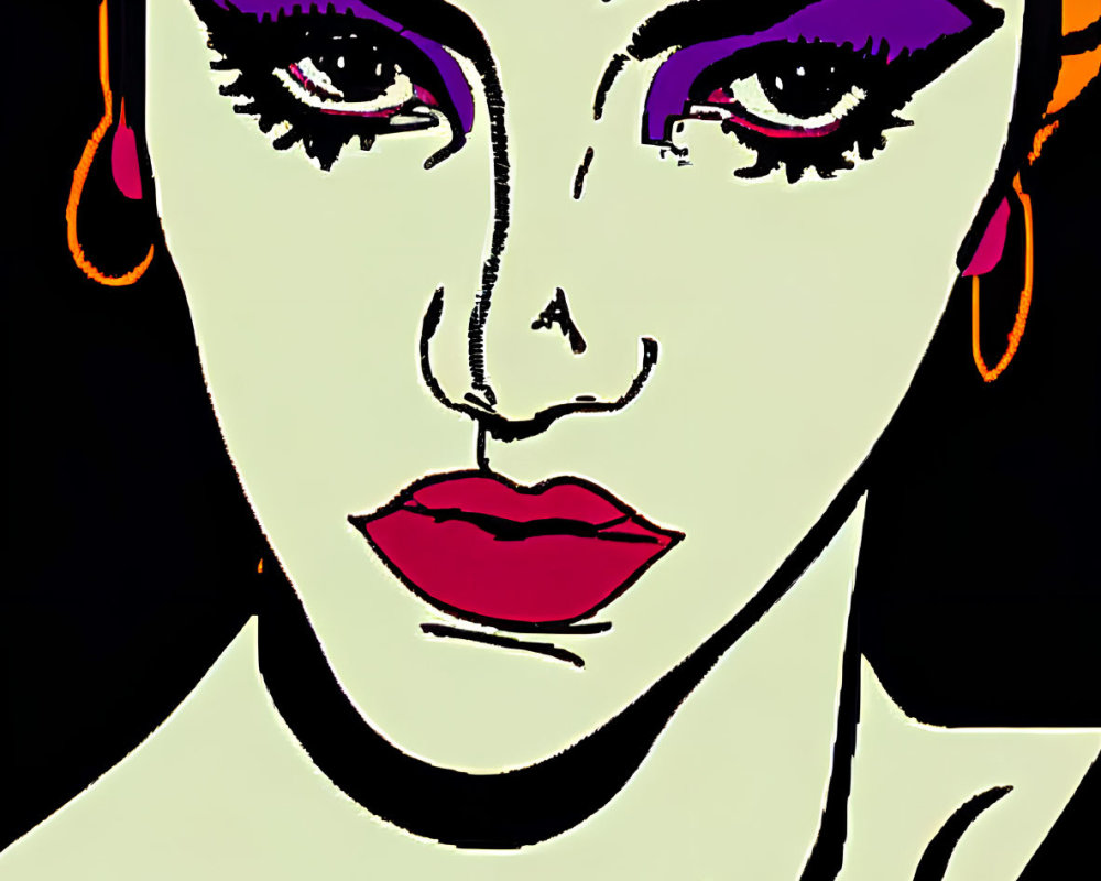 Colorful portrait of a woman with purple eyeshadow, red lips, orange headscarf,