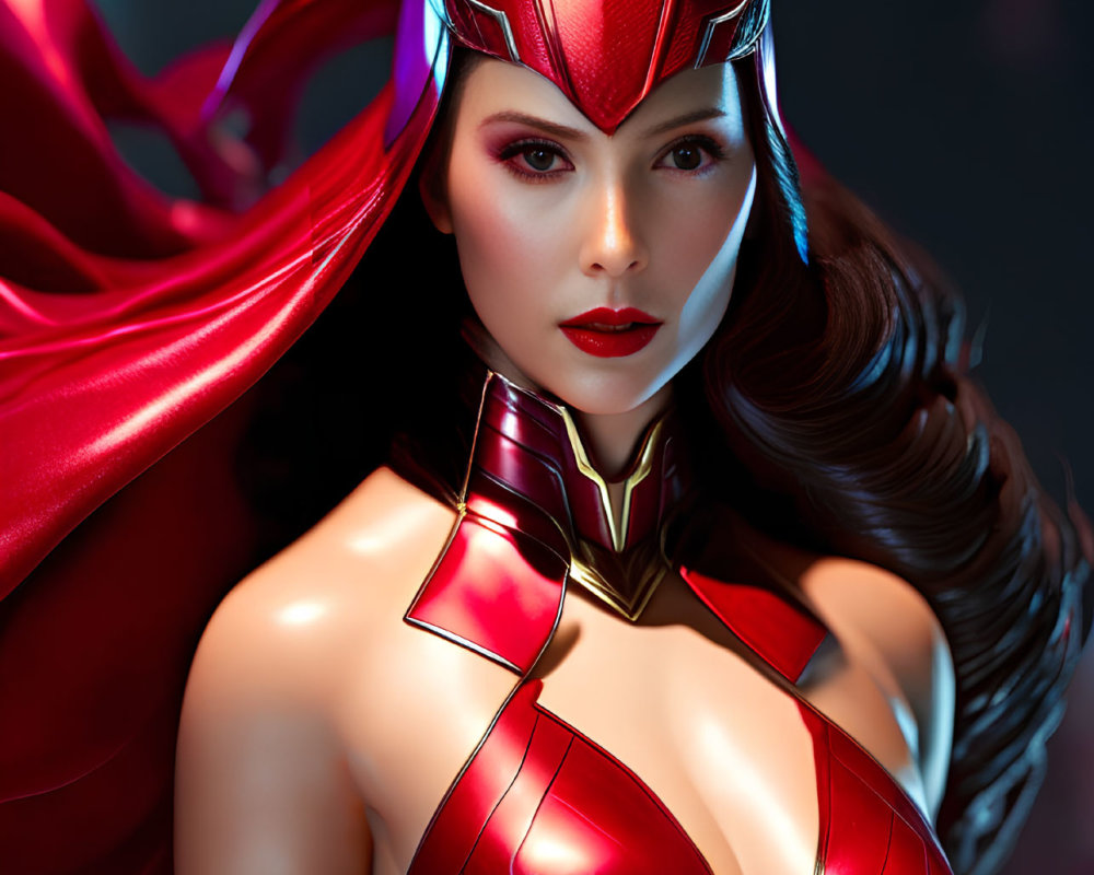 Female superhero in red helmet and armor with white facial makeup and flowing cape on dark background