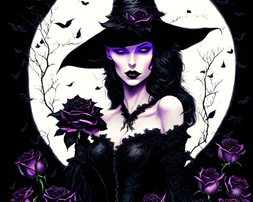 Stylized witch illustration with purple accents, black roses, full moon, bats, bare trees