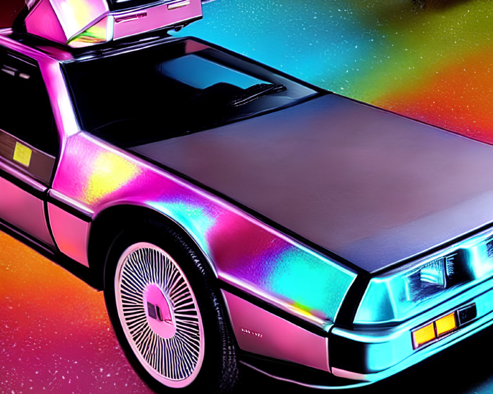 Neon-colored DeLorean car with gull-wing doors on retro-futuristic backdrop