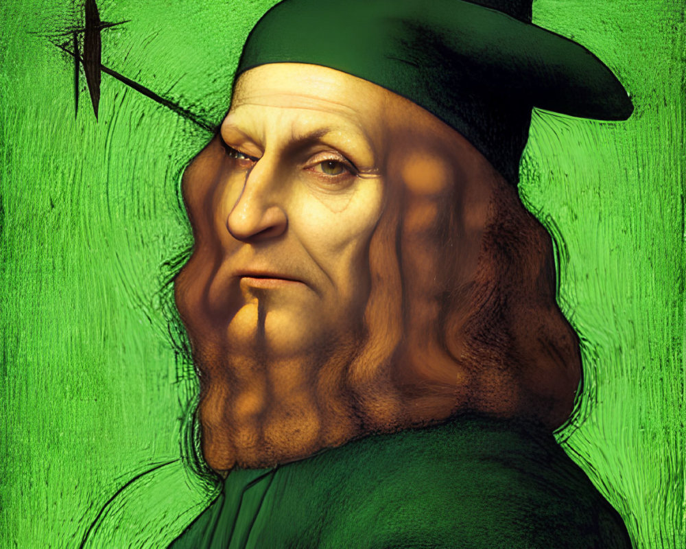 Man in wizard attire with stern expression against green backdrop