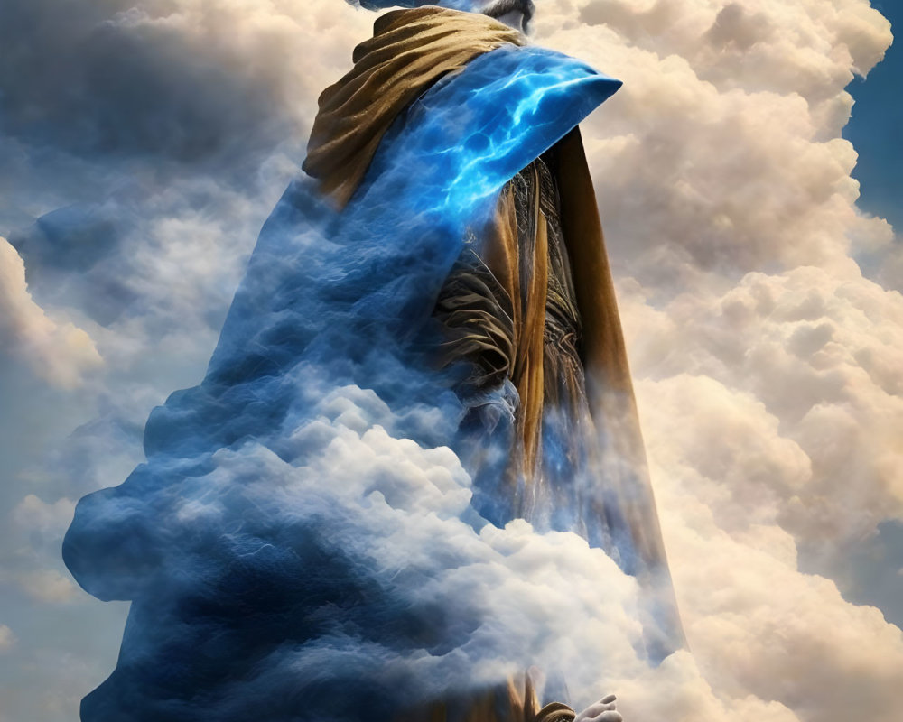 Regal figure with flowing hair in clouds and glowing blue light