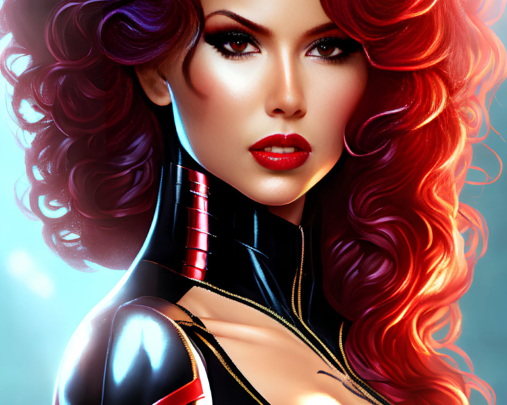 Digital illustration of woman with red and purple hair in futuristic bodysuit