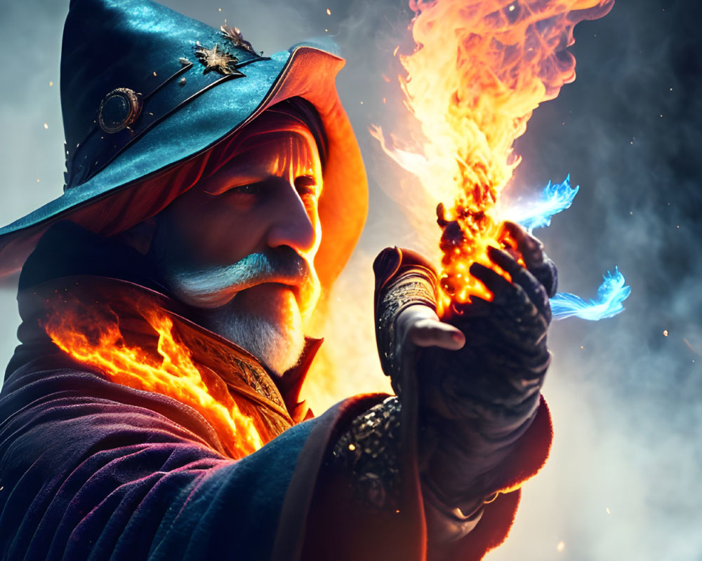 Wizard in blue hat casting fiery magic with intense flames against mystical backdrop