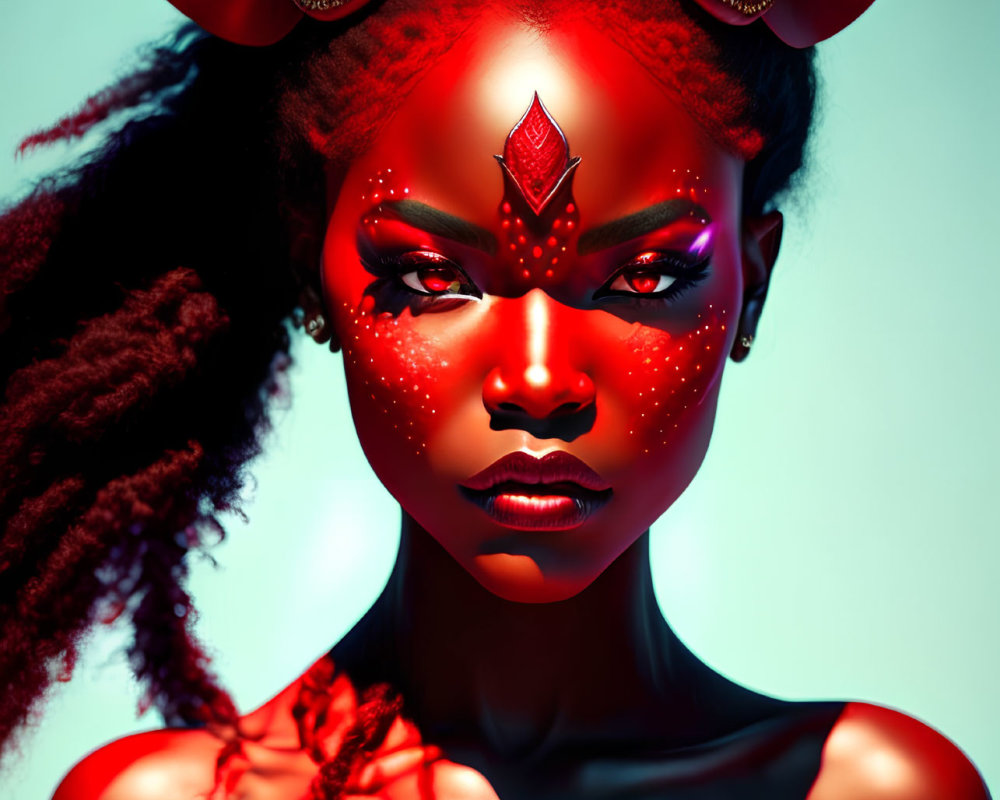 Woman with red makeup and horns in fierce pose on blue background