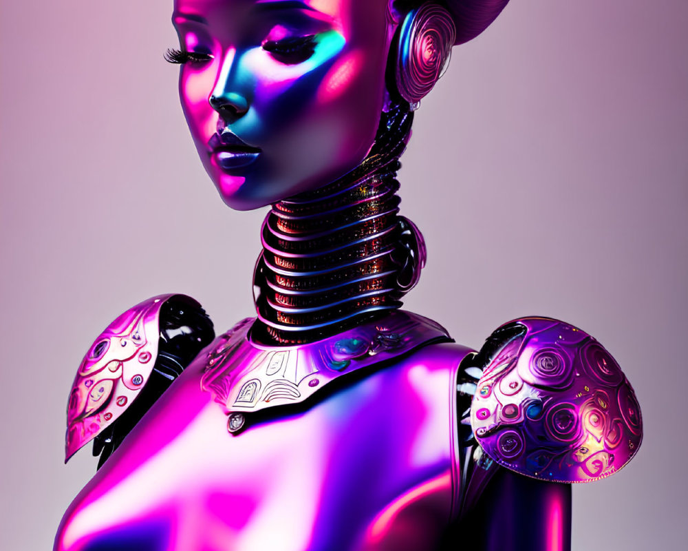 Futuristic female android with glossy purple finish and intricate headpiece on pink gradient background