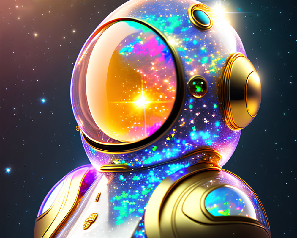 Vibrant cosmic-themed astronaut illustration with glittering spacesuit and starry sky reflection