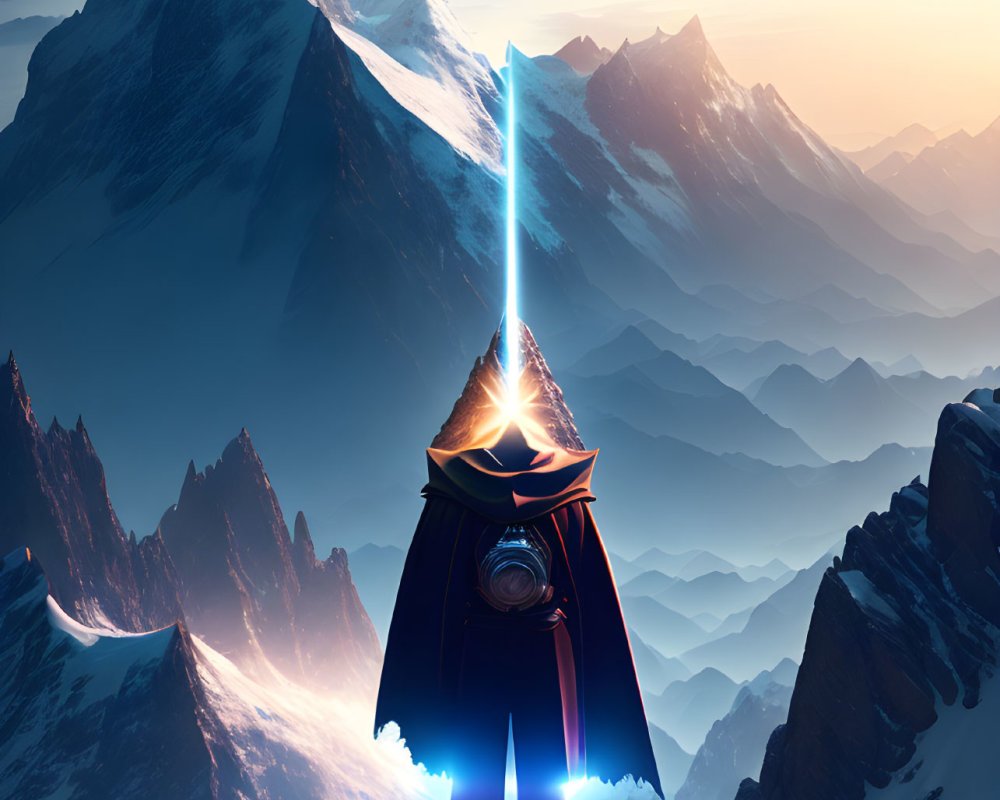 Cloaked figure on snowy mountain peak gazes at blue beam and sunrise