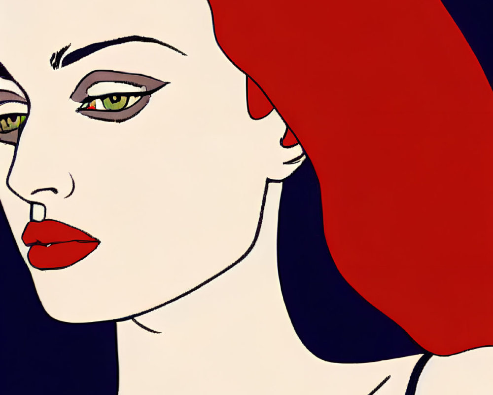 Detailed illustration of woman with red hair, green eyes, and red lipstick on dark background.