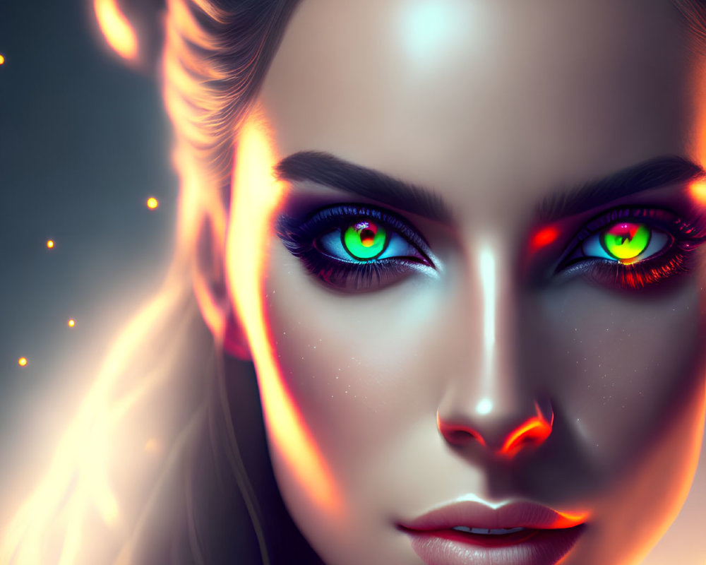 Digital portrait: Woman with luminous green eyes and fiery sparks on radiant skin against dark backdrop