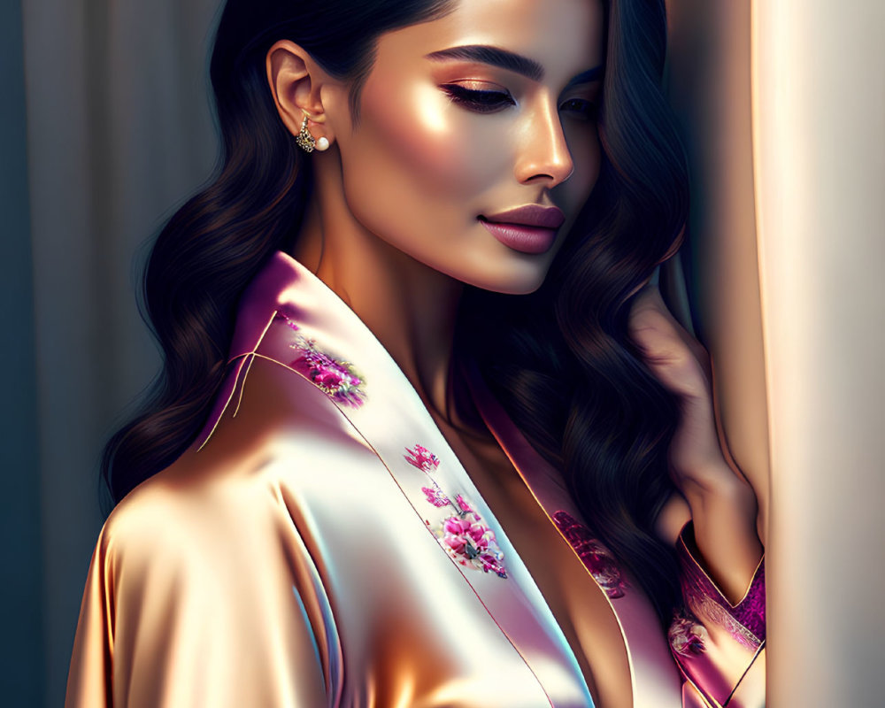 Sleek hairstyle and floral robe beside draped curtain