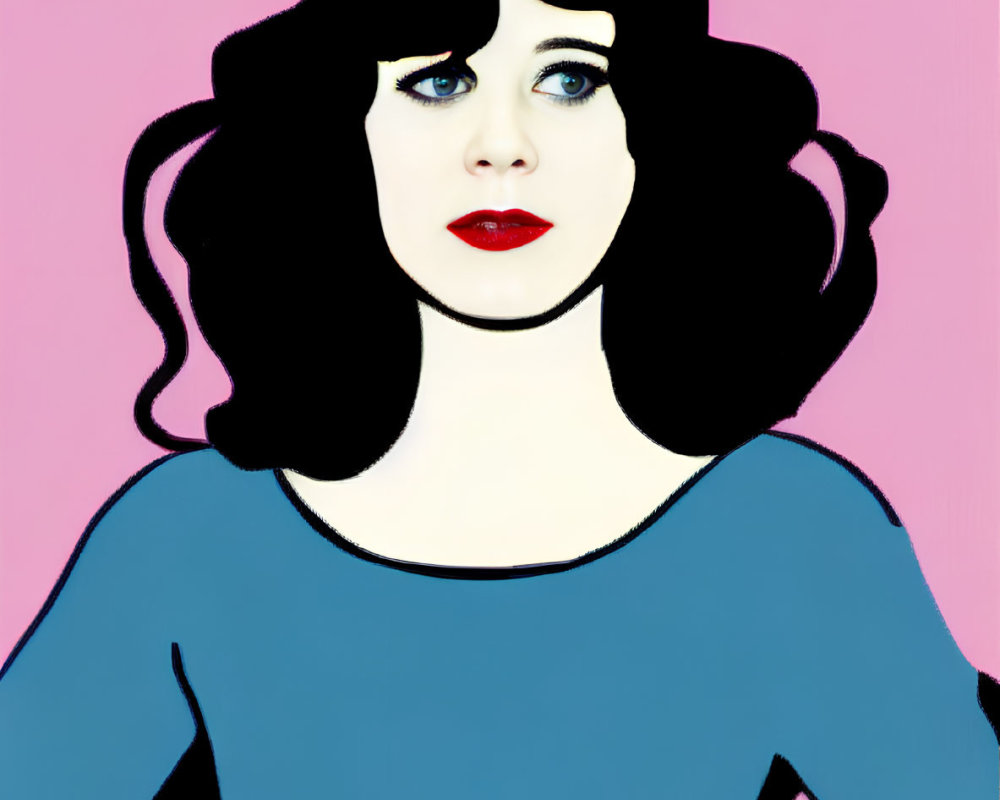 Portrait of woman with black hair, blue eyes, red lipstick, blue top, on pink background