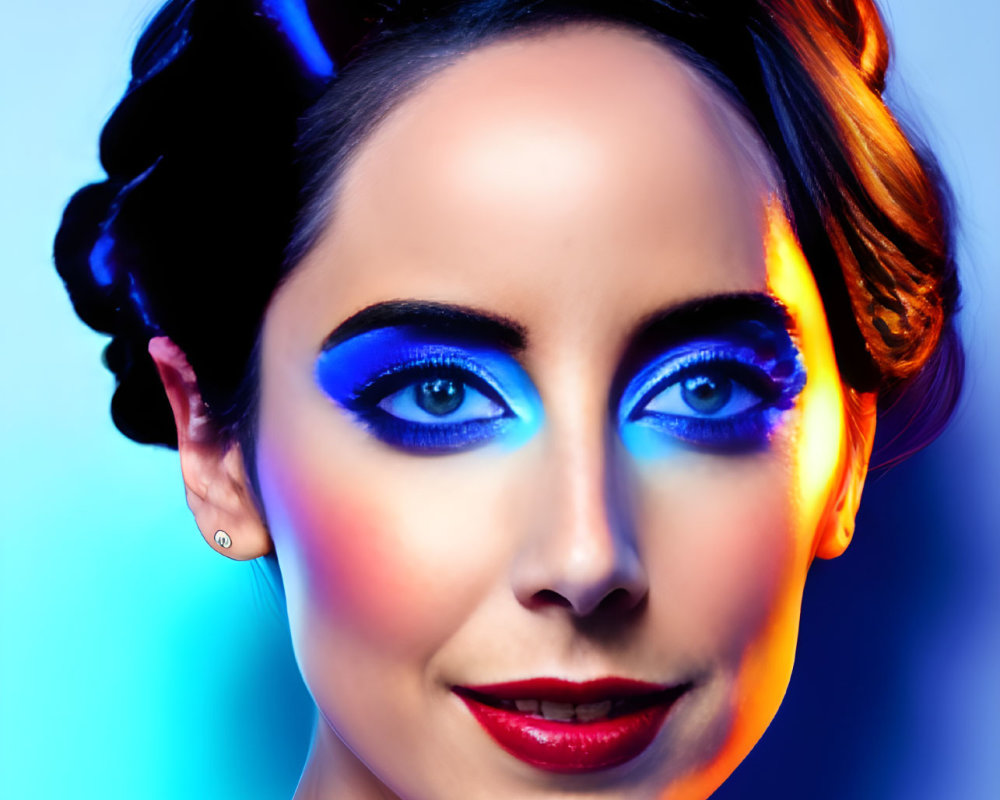 Striking blue eye makeup and red lips on woman against gradient background