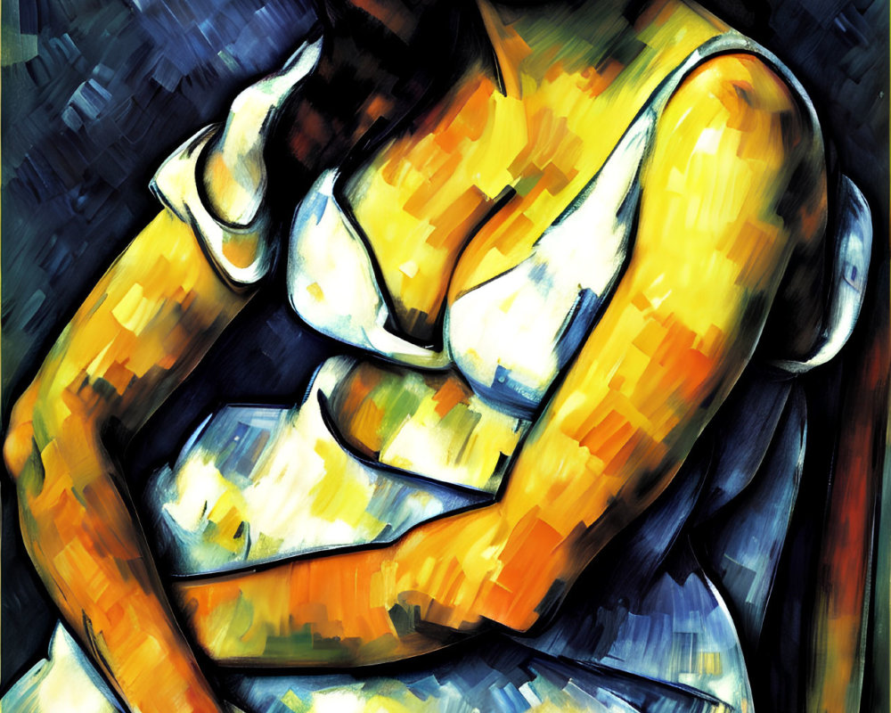 Colorful painting of seated woman with dark hair, bold brushstrokes & vibrant palette