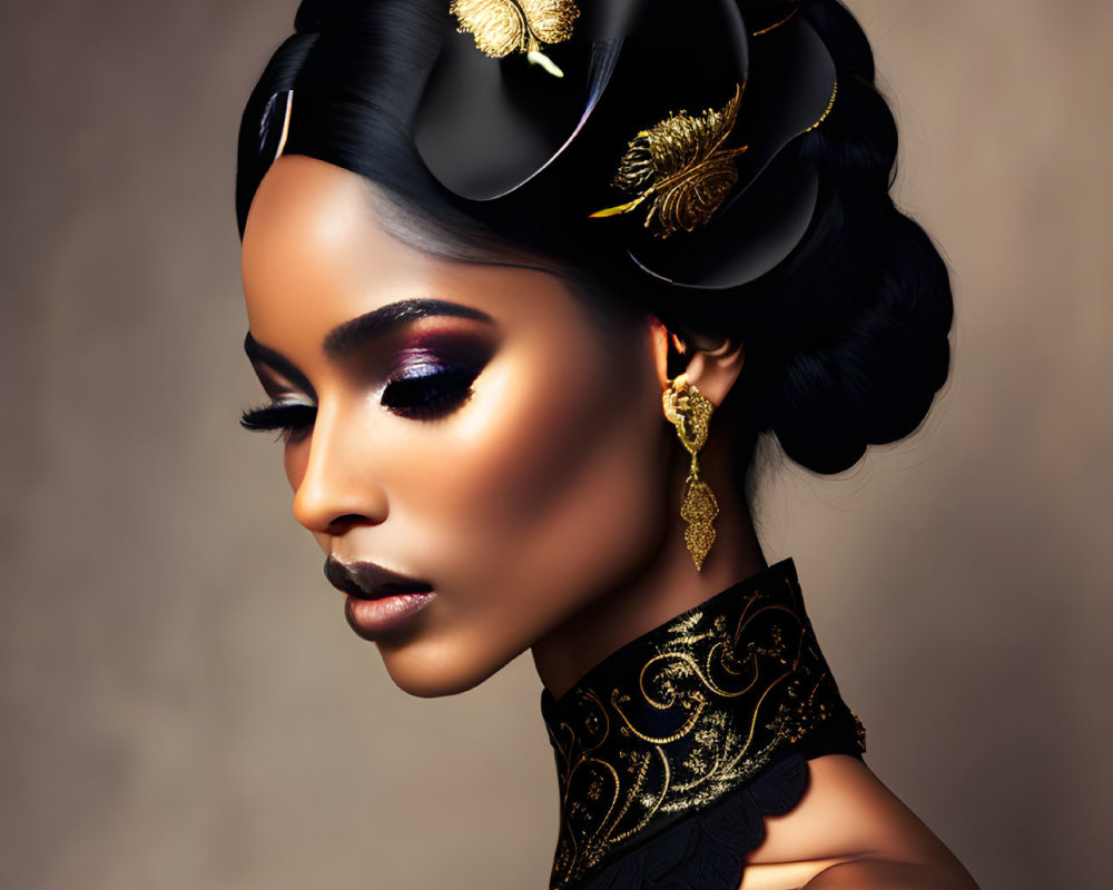 Woman with Elegant Makeup and Black/Gold Headdress, Earrings, and Choker