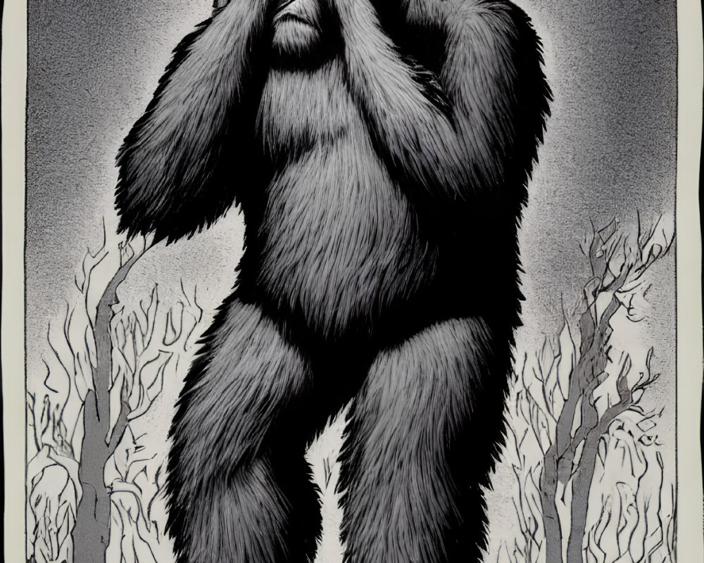 Illustrated gorilla in distress among barren trees