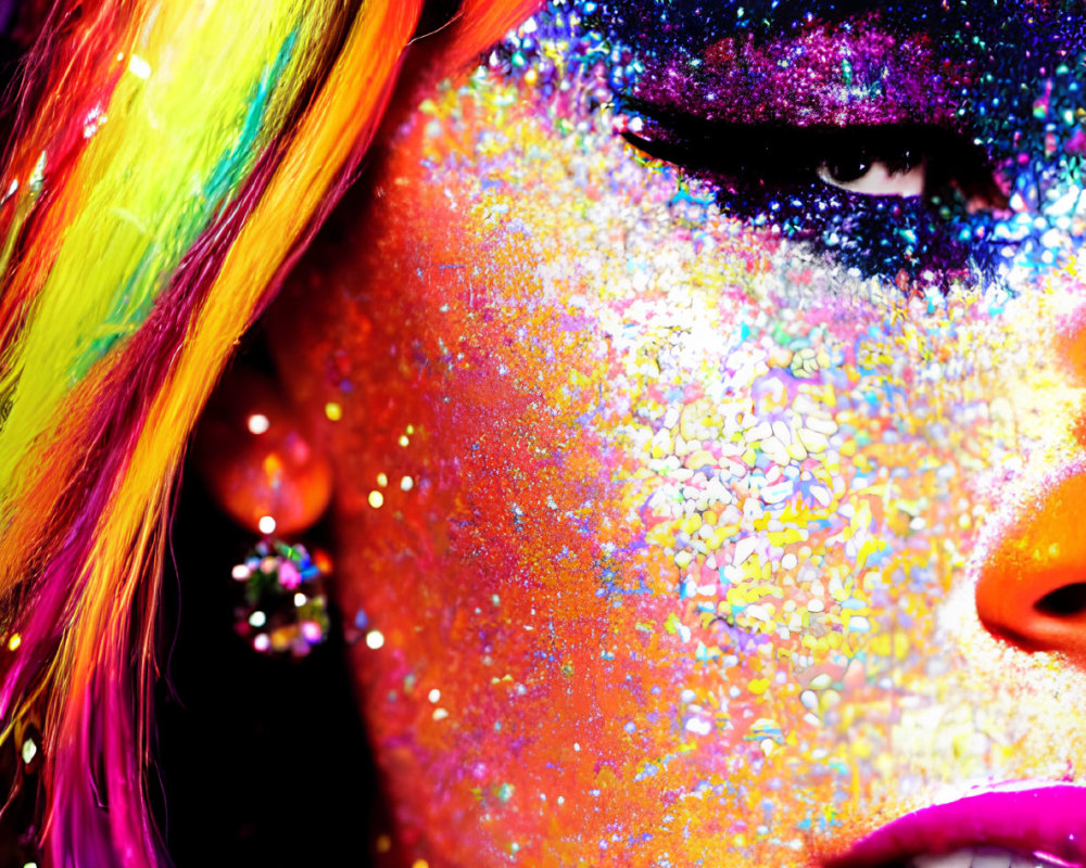 Colorful Close-Up of Person with Rainbow Hair and Glittery Makeup