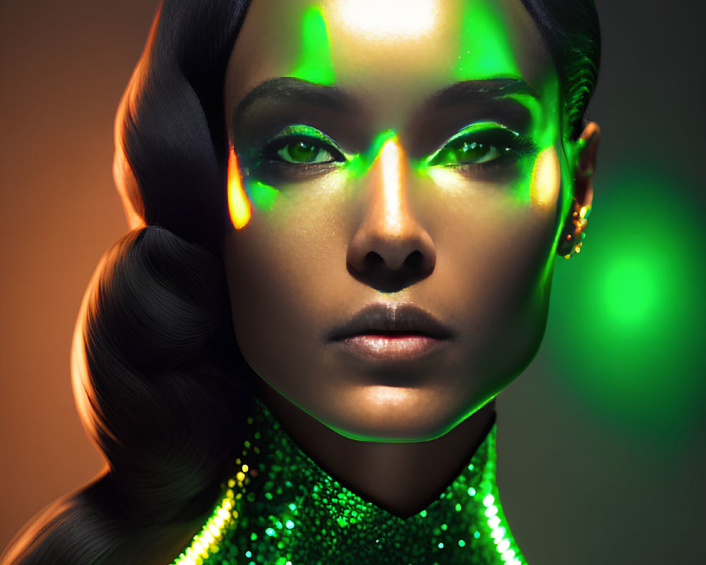 Portrait of Woman with Sleek Hair and Green Neon Lighting in Shimmering Garment