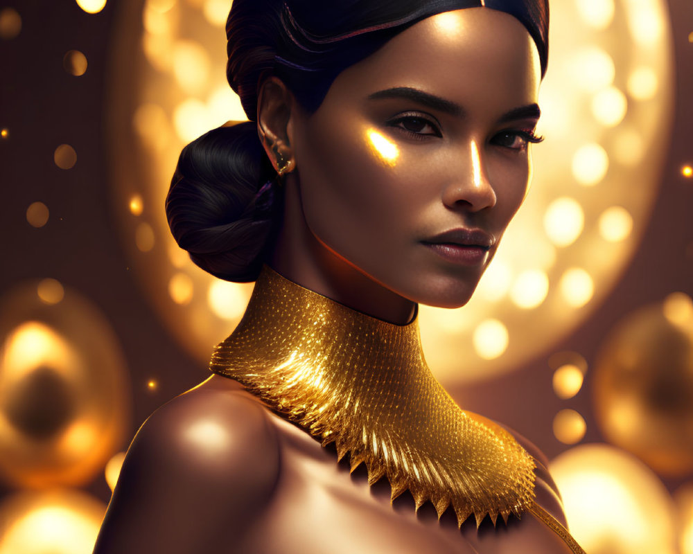 Stylish woman with sleek bun and gold choker in front of golden orbs