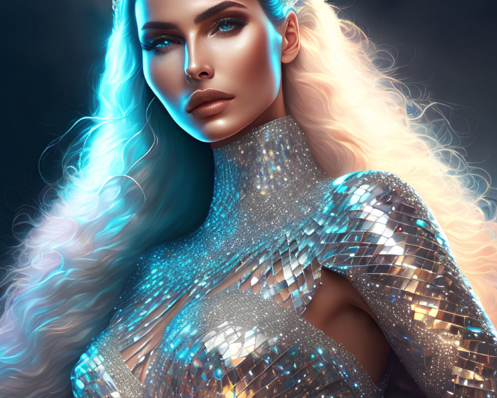 Glowing Skin Woman in Shimmering Outfit on Dark Background