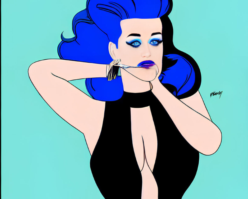 Illustrated woman with blue hair and lipstick in black outfit on teal background