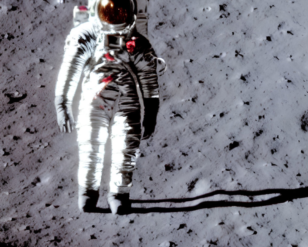 Astronaut in reflective space suit on lunar surface with Earth in background