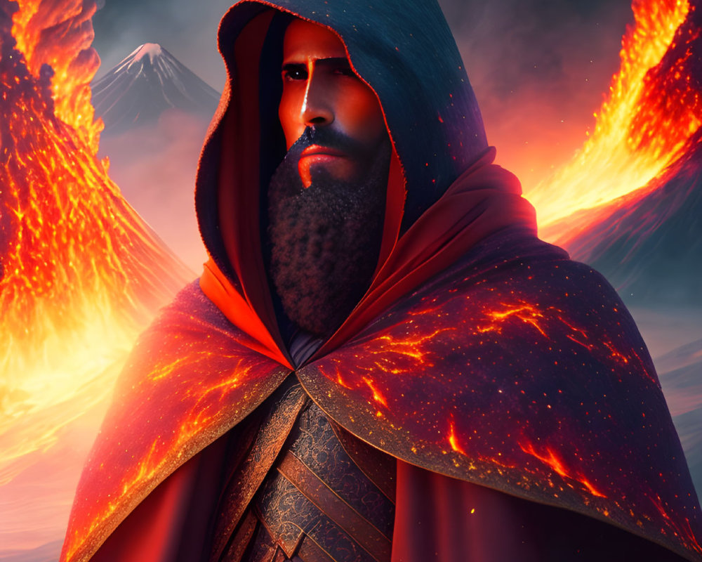 Bearded man in red cloak with volcano background