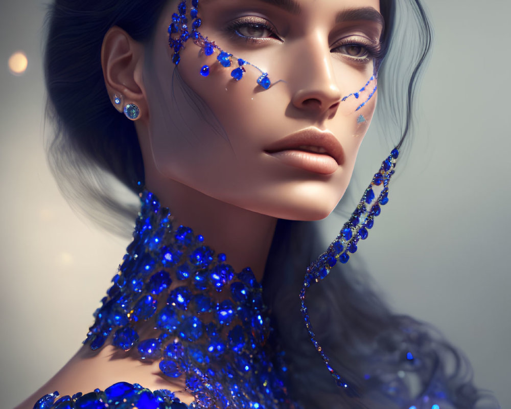 Portrait of woman with blue gemstones, thoughtful expression, and dark hair