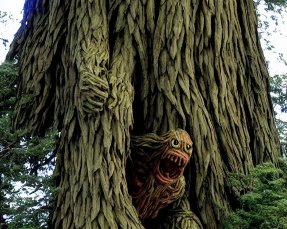 Humanoid face and hands emerging from tree bark in forest scene