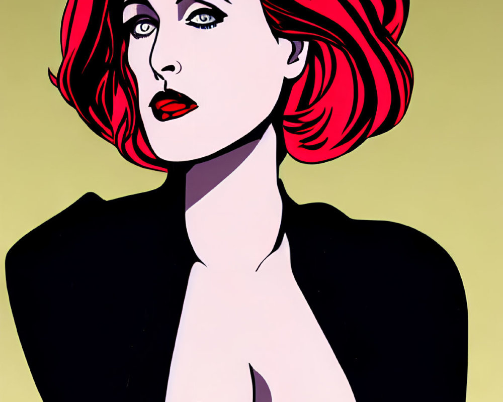 Vibrant pop art portrait of woman with red hair on yellow background