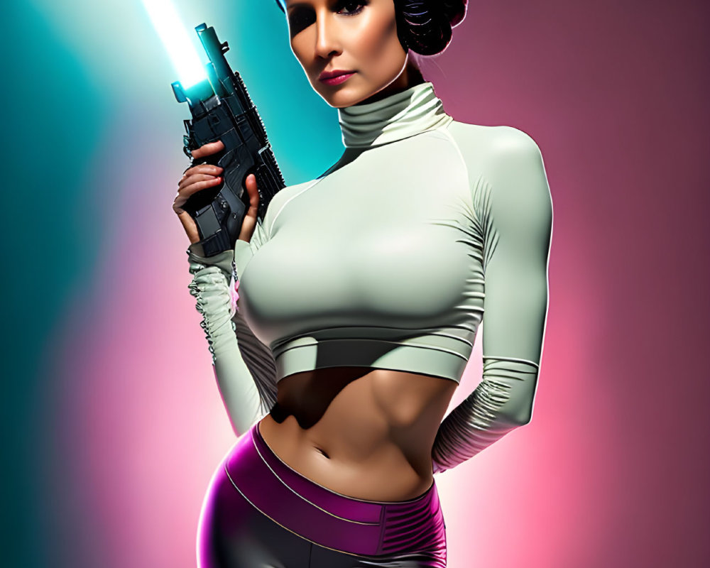 Futuristic woman with iconic hairstyle holding space blaster against neon-lit backdrop