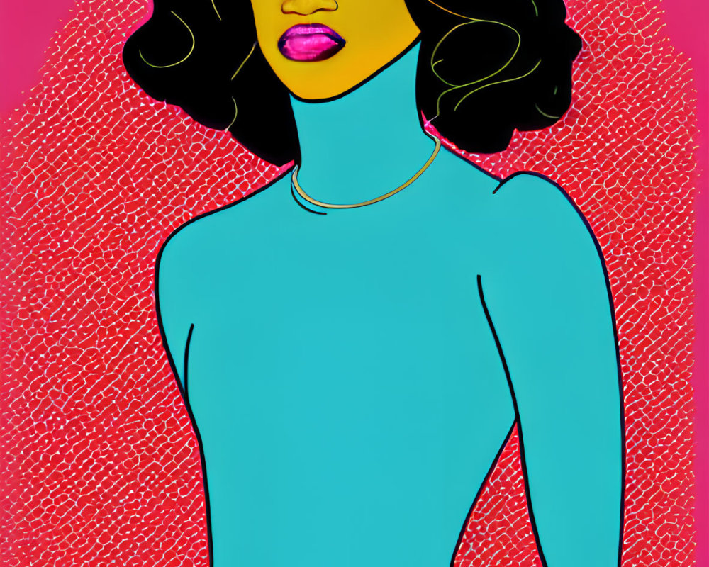 Illustration of woman with black hair, red lipstick, turquoise turtleneck on pink background