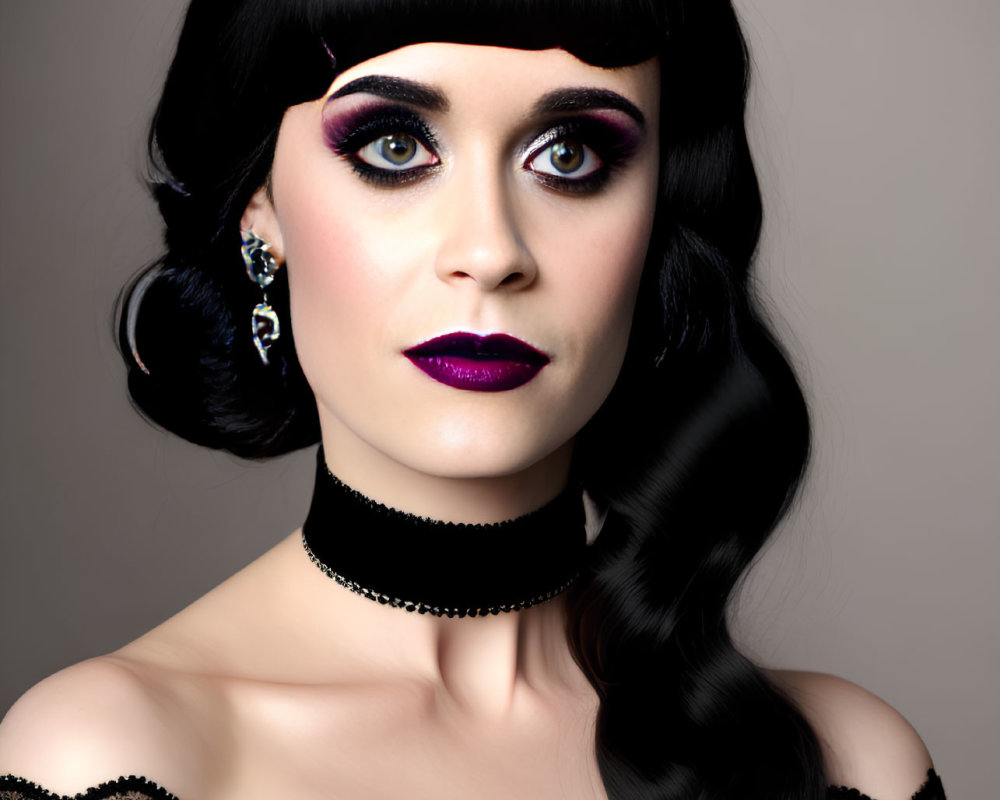 Dark-haired woman in dramatic makeup and lace dress on gray background