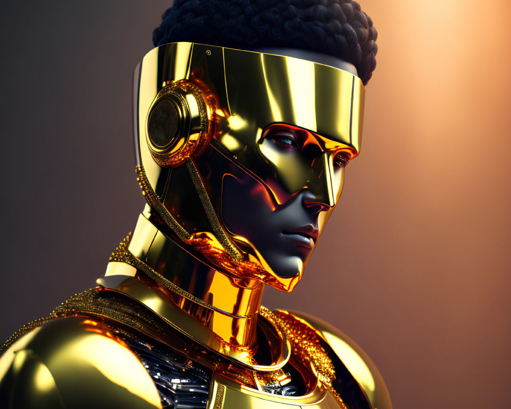 Futuristic robot with gold surface and black headpiece on warm background