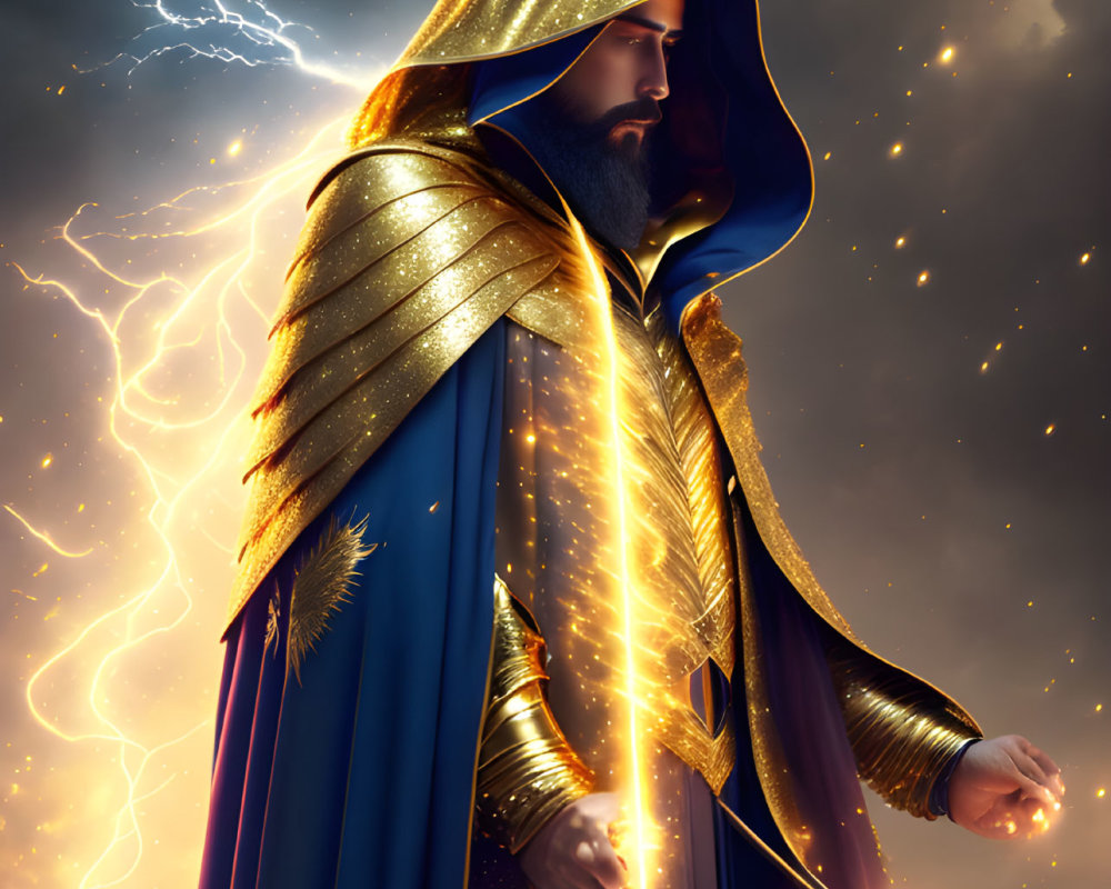 Majestic figure in golden hooded cloak against stormy backdrop