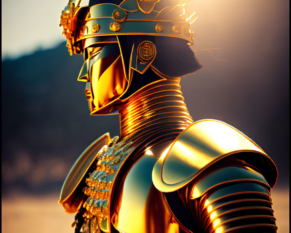 Person in ornate golden armor with helmet in front of sunburst