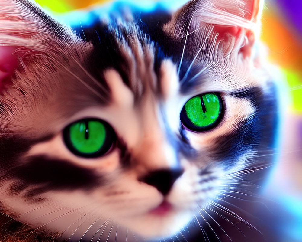 Close-up of cat with striking green eyes against multicolored background