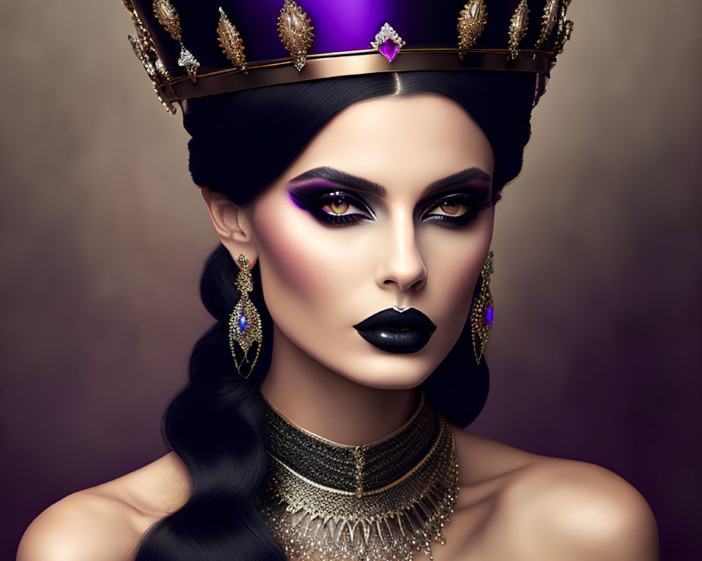 Digital portrait of a woman with dark crown, dramatic makeup, long braid, and ornate jewelry